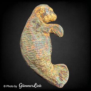 Vintage Manatee Sea Cow Brooch Pendant Gold Tone Enamel Marine Animal Pin